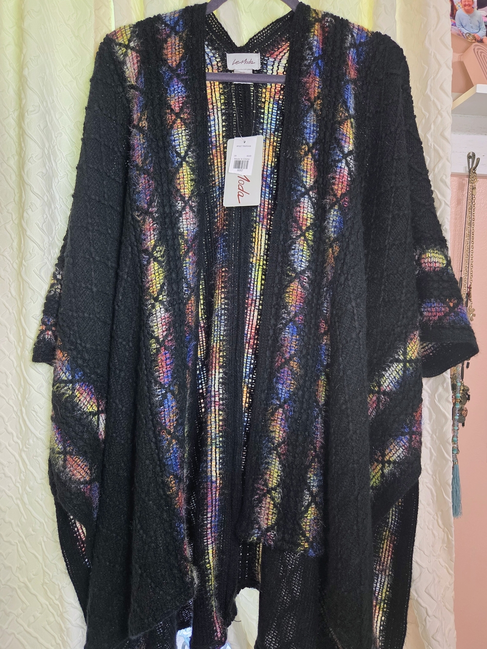 Moda Black Open-Front Knit Poncho with Multicolor Rainbow Accents